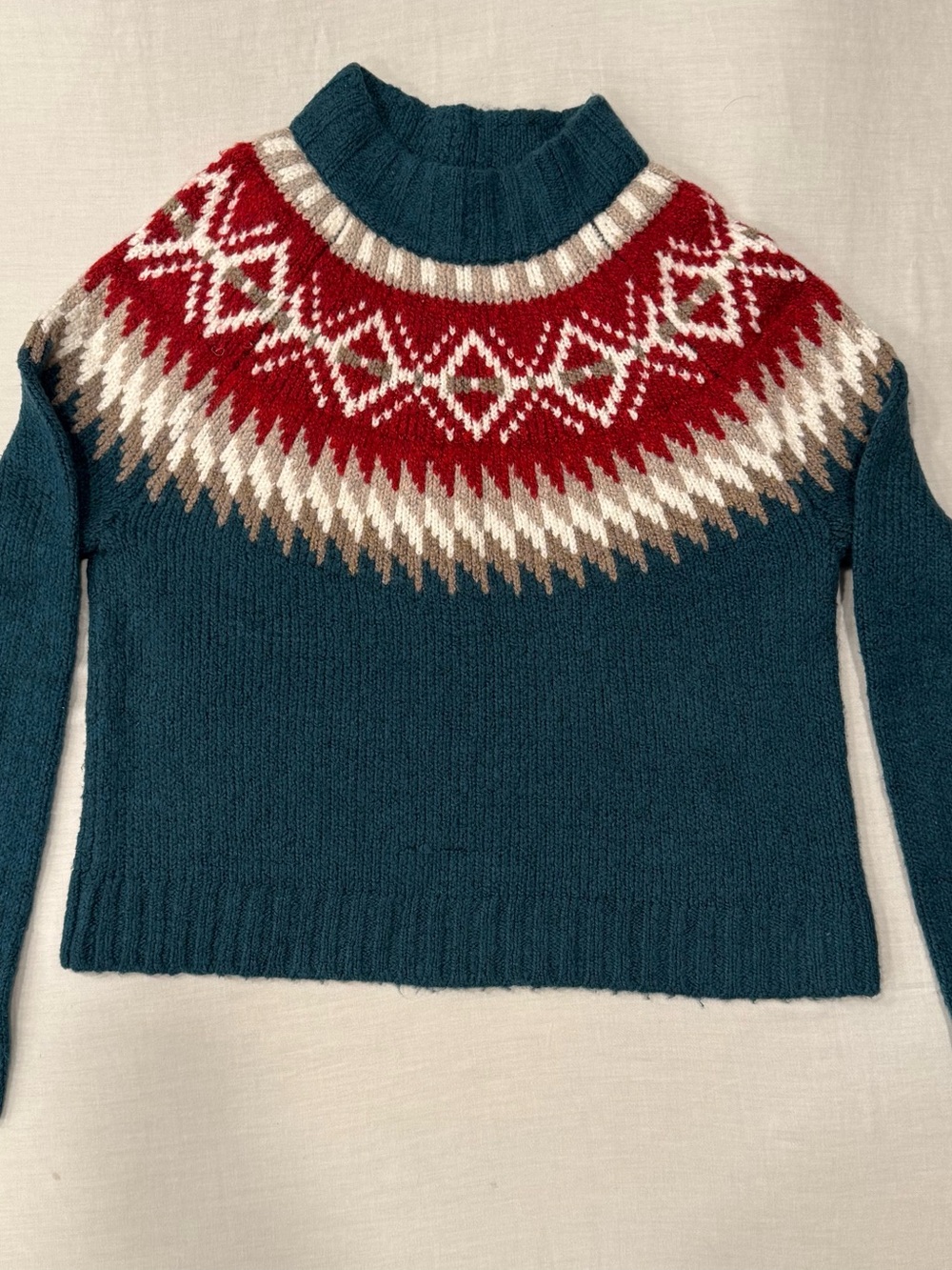 American Eagle Women's Fair Isle Knit Mock Neck Sweater Teal Red Size XS